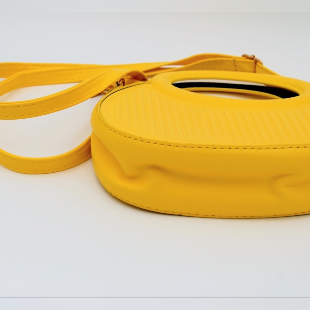 Yellow Ribbed Crescent Crossbody Bag with Detachable Strap - Picture 3 of 5